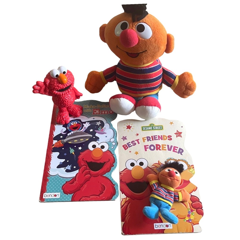 Sesame Street Toy Book Lot Kids Red Ernie Plush Elmo Figure Bendon Board Books